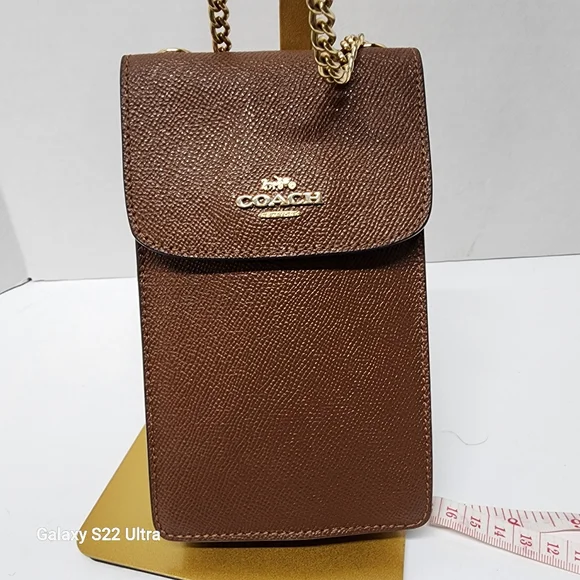 Coach Brown/Tan Leather Crossbody Phone Bag Wallet Chain Strap Gold Hardware - Picture 2 of 13